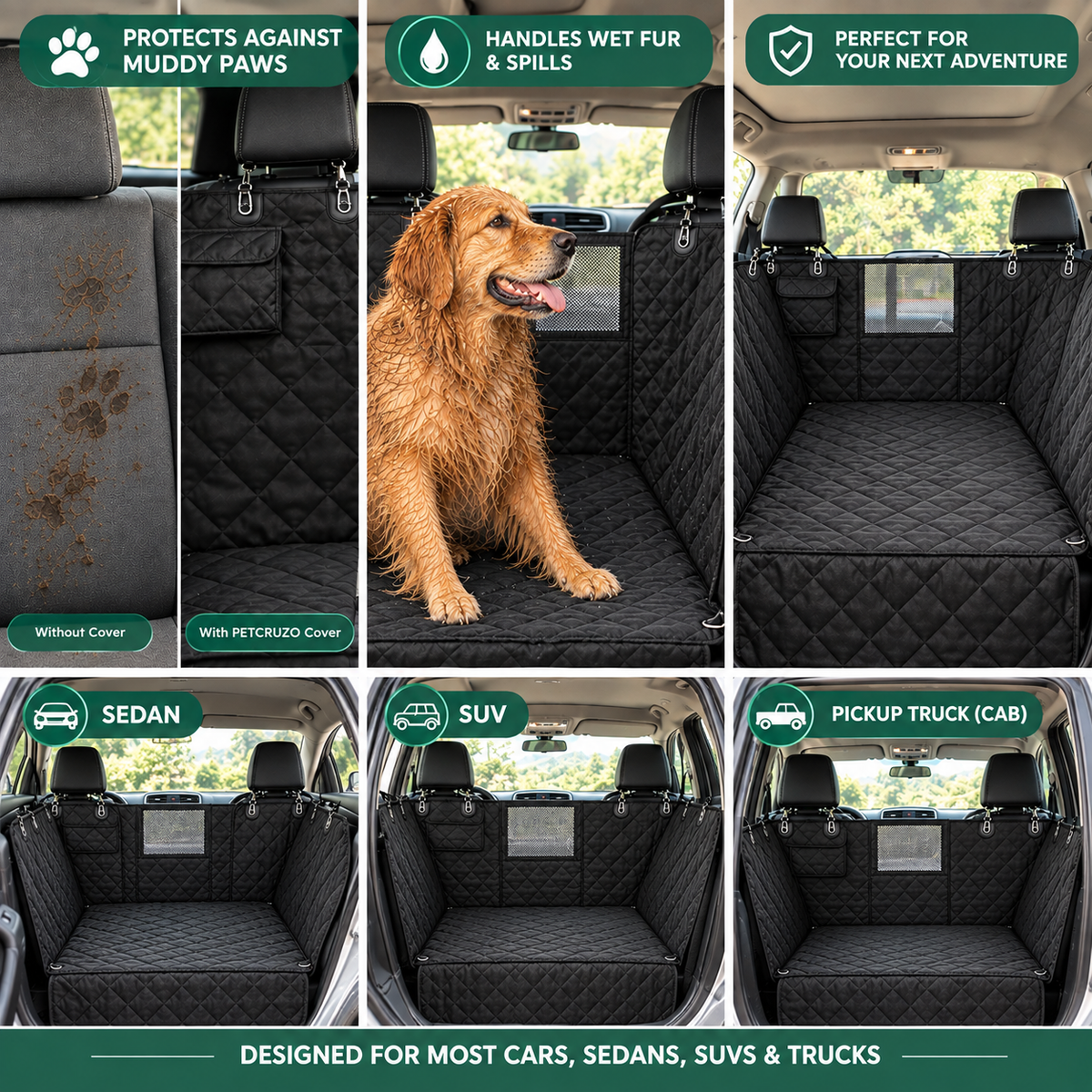 PETCRUZO Water-Resistant Dog Back Seat Cover Hammock (Black)